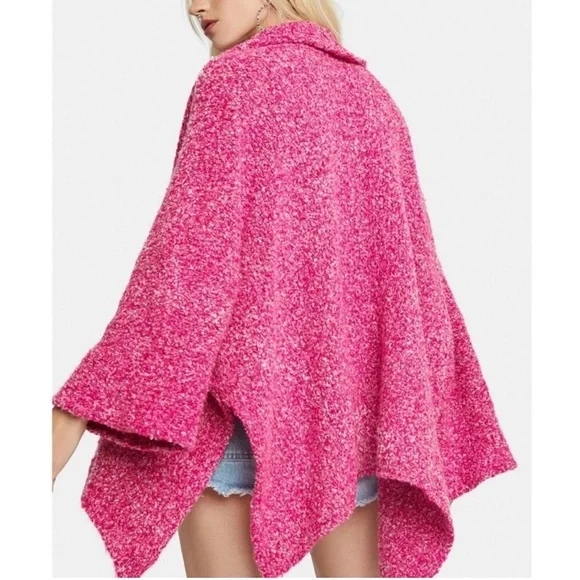 Free People Hot Pink Open Front Oversized Slouchy Cardigan Boucle Sweater M - Picture 5 of 13